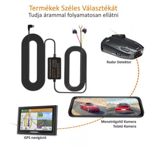 Autós Kameratöltő, biztosíték táblába köthető, 3.2 méter, 5V/3A, USB-C