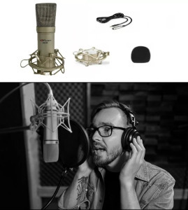 Kondenzátor stúdió mikrofon, vezetékes, szélzaj-védő szivacs, aranybarna