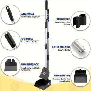 Kutyaürülék-felszedő - állítható hosszú nyél, tartós rozsdamentes acél gereblye és tálca