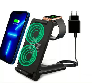 Vezeték nélküli töltő 3 az 1-ben, 15 W-os gyorstöltés, fekete