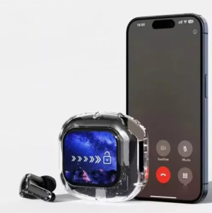 AirMaximo - fekete vezeték nélküli fülhallgató, kijelzős töltőtokkal