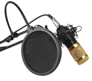 Professzionális kondenzátor stúdió mikrofon, állvány, kiegészítők, arany-fekete
