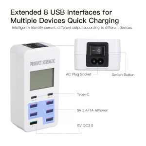 Smart USB hálózati töltő, 8xUSB port, 35W gyorstöltés, LCD kijelzővel
