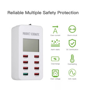 Smart USB hálózati töltő, 8xUSB port, 35W gyorstöltés, LCD kijelzővel