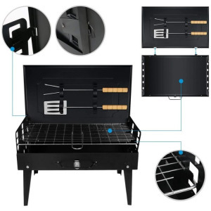 Összehajtható kerti kemping grillsütő, spatula, csipesz, és nyárs készlettel, 44 x 27 x 47 cm