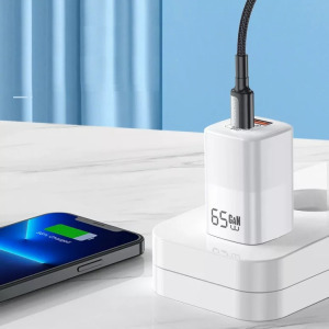 Univerzális GaN töltő adapter, 2 port, 50w , QC 3.0, 1xUSB, 1xUSB-C, fehér