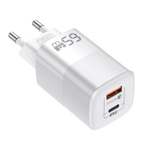 Univerzális GaN töltő adapter, 2 port, 50w , QC 3.0, 1xUSB, 1xUSB-C, fehér