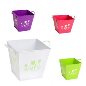 Fém szögletes kaspó tulipán színes 16cm