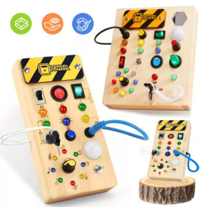 Színes fa foglalkoztató tábla érzékszervi játékkal