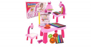 Rajzasztal gyerekeknek, kivetítős, 12 darab színes filctollal, 24 darab mintával, rózsaszín