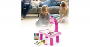 Rajzasztal gyerekeknek, kivetítős, 12 darab színes filctollal, 24 darab mintával, rózsaszín