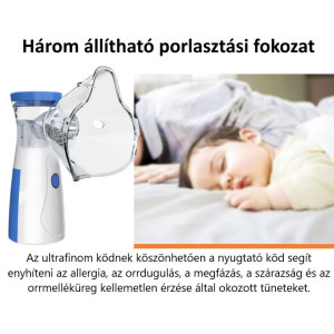 Hordozható ultrahangos inhalátor, csendes, 3 fokozatú porlasztó, fehér-kék
