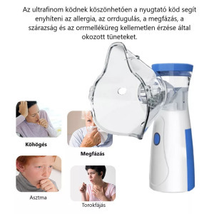 Hordozható ultrahangos inhalátor, csendes, 3 fokozatú porlasztó, fehér-kék