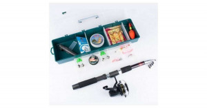 Komplett horgászfelszerelés dobozban, karbonszálas horgászbottal, csalikkal, súlyokkal