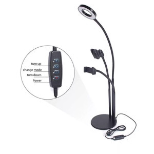 Asztali LED Selfiering, 3 színhőmérséklet, telefon/mikrofontartó távirányító