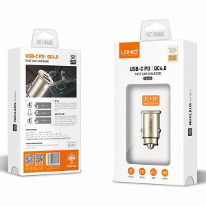 Ldnio szivargyújtó USB töltő, 1xUSB-C, 1xUSB, QC 4.0, 5V/3A/30W, ezüst