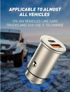 Ldnio szivargyújtó USB töltő, 1xUSB-C, 1xUSB, QC 4.0, 5V/3A/30W, ezüst