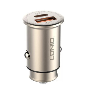 Ldnio szivargyújtó USB töltő, 1xUSB-C, 1xUSB, QC 4.0, 5V/3A/30W, ezüst