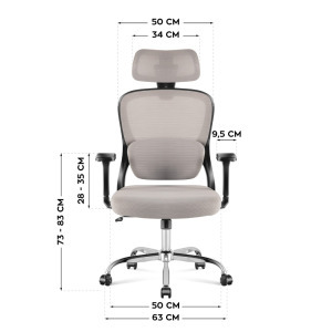 Ergonomikus irodai forgószék kartámaszokkal, deréktámasszal, hálós anyaggal, szürke