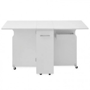 Összecsukható gurulós asztal polcokkal, kinyitható asztallappal, fehér