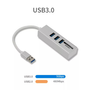 3in1 USB elosztó, kártya olvasó, USB3.0 -> 3xUSB3.0,MicroSD/TF,SD, Ezüst