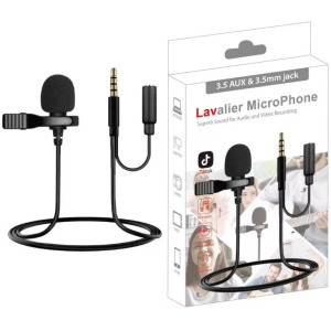 Lavalier sztereó mikrofon, csiptetős, 3.5mm jack, szélzaj-védő, fekete