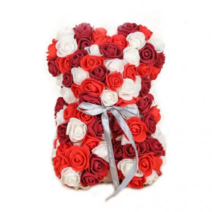 Rózsa maci, örök virág maci díszdobozban 25 cm - piros-fehér-bordó