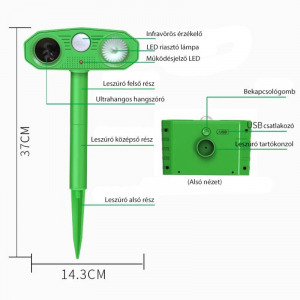 Napelemes vadriasztó, állatriasztó mozgásérzékelővel, 3 működési funkcióval, USB-ről is tölthető
