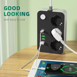 Hálózati hosszabbító, 3db aljzat,6db USB port, 2m kábel, 2500W