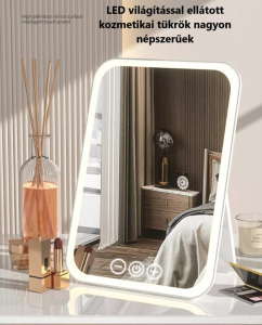Érintős kozmetikai sminktükör, LED fényerő, támasztó, akkumulátor, pink
