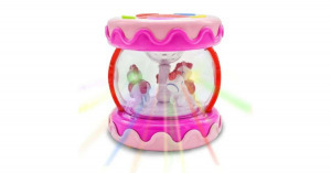 Zenélő elemes körhinta, lovacskákkal, világító, forgó, 10,5 x 11,5 cm, rózsaszín