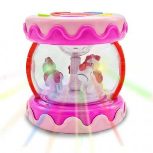 Zenélő elemes körhinta, lovacskákkal, világító, forgó, 10,5 x 11,5 cm