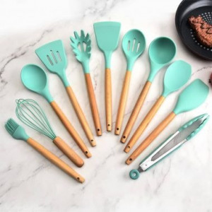14 darabos konyhai eszközkészlet, hőálló szilikon fejjel, tartóval, türkiz