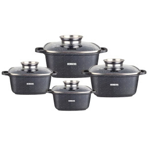 8 db Hemberg tapadásmentes, négyzet alakú edény készlet, alumínium, fekete, 2,8L/3,5L/4,4L/5,5L