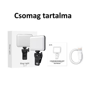 Hordozható szelfi LED, telefon-/laptophoz, fényerő, színhőmérséklet, fekete