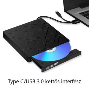 Külső DVD-író, USB-A/USB-C 3.0, 8x írás, CD DVD +/- RW, Plug&Play, fekete