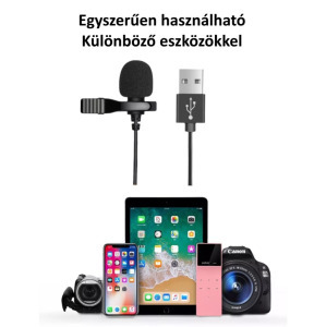 Lavalier sztereó mikrofon, csiptetős, USB-A, szélzaj-védő szivacs, fekete