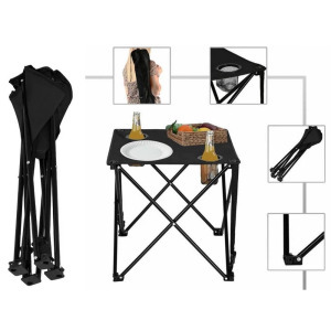 Összecsukható szövet kempingasztal hálós tartókkal, hordtáskával - fekete