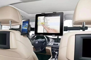 Autós tablet+mobiltartó, két fejtámla közé, 50-70cm állítható hossz, fekete
