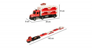 Autószállító kamion kihajtható versenypályával, kilövő állomással, világító fényszórókkal, 6db autó