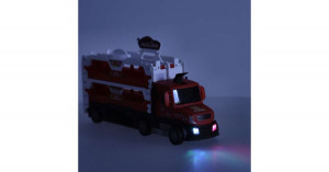 Autószállító kamion kihajtható versenypályával, kilövő állomással, világító fényszórókkal, 6db autó