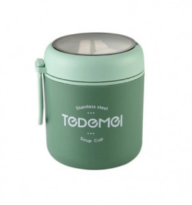 Rozsdamentes ételhordó termosz kanállal, zöld