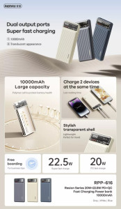 Remax Powerbank, 10000mAh, külső akkumulátor, 22.5W, Quick Charge, szürke