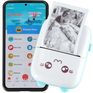 Hordozható Bluetooth mini hőnyomtató - kék cica