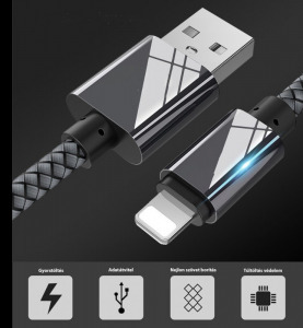 Extra strapabíró 1 méteres Lightning Iphone gyorstöltő és USB adatkábel - szürke