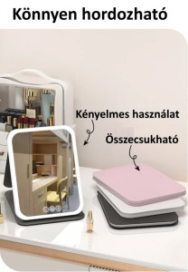 Érintős kozmetikai sminktükör, összecsukható, LED keret, akkumulátoros,pink