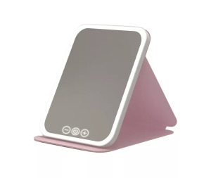 Érintős kozmetikai sminktükör, összecsukható, LED keret, akkumulátoros,pink