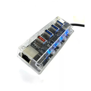 USB Hub Elosztó/Töltő, 5 portos, USB-A -> 3xUSB3.0, 1xQC2.0 töltő, 1xRJ-45