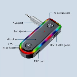 Bluetooth v5.3 transzmitter, RX/TX jelátvitel, mikrofon, multifunkciós, RGB