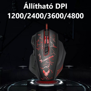 Vezetékes gamer egér, 1200-4800dpi, RGB háttérvilágítás, fekete